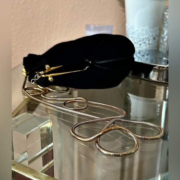 Vintage Black Ruched Luxurious Velvet Bag with Gold Accents